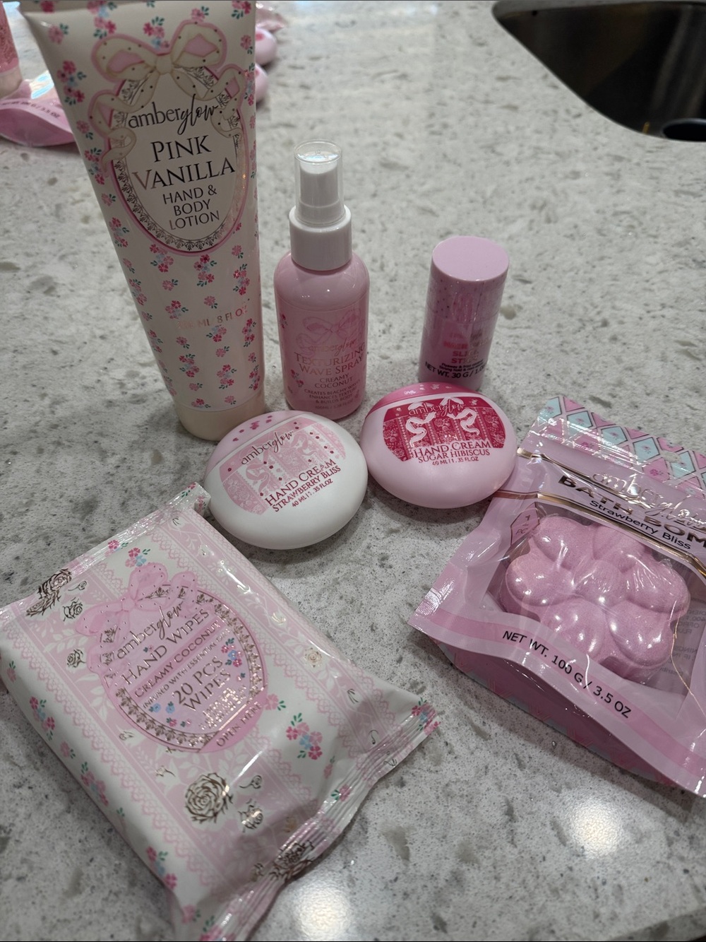 Amber Glow Pink Vanilla Spa Gift Bundle 7 Pc Beauty Set New